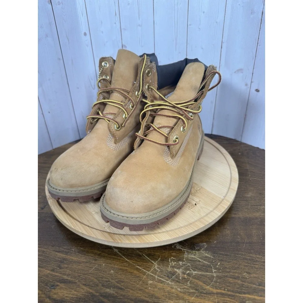 Timberland Boots Boys Size 4 Wheat 6-Inch‎ Nubuck Lace Up Padded Collar A8398